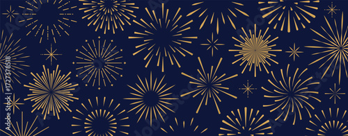 Abstract geometric exploding festive fireworks isolated on blue background. Christmas banner for holiday, flyer, greeting card. Decorative backdrop for New Year. Vector EPS10