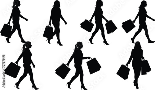 Silhouette illustration of woman holding shopping bags in various poses, fashion consumer lifestyle vector design for retail, sale, commerce themes