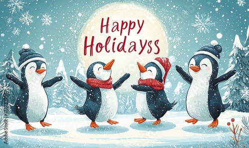 Festive penguins celebrate the holidays in a snowy landscape