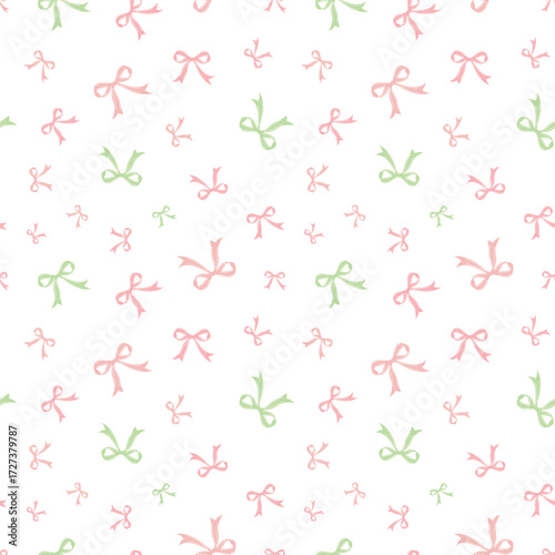 Cute coquette vector seamless pattern pink ribbon bow background. Pink green white preppy feminine romantic backdrop for textile, fabric, wallpaper, wrapping. Tossed repeat baby girl shower, nursery