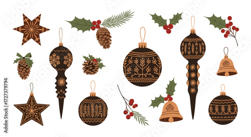A collection of festive christmas ornaments and decorations including pinecones stars and holly berries.