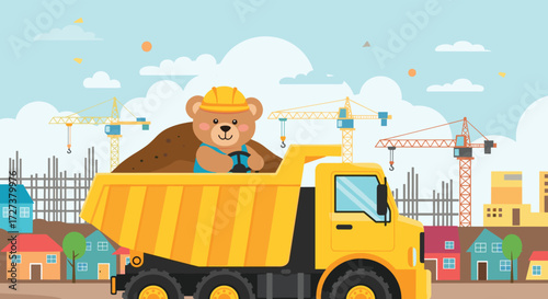 A cute teddy bear wearing a hard hat driving a yellow dump truck on a construction site with cranes and houses in the background.