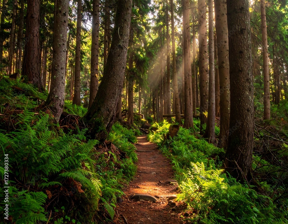 Obraz premium Sunlight streams through a lush forest path