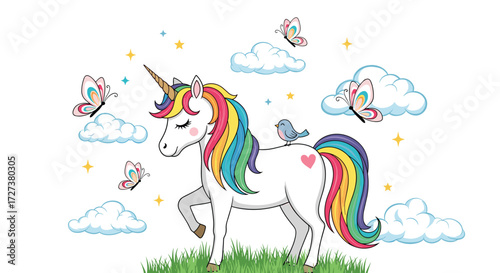 A magical unicorn with a rainbow mane and tail gracefully walks through a field of green grass surrounded by fluffy clouds and fluttering butterflies.