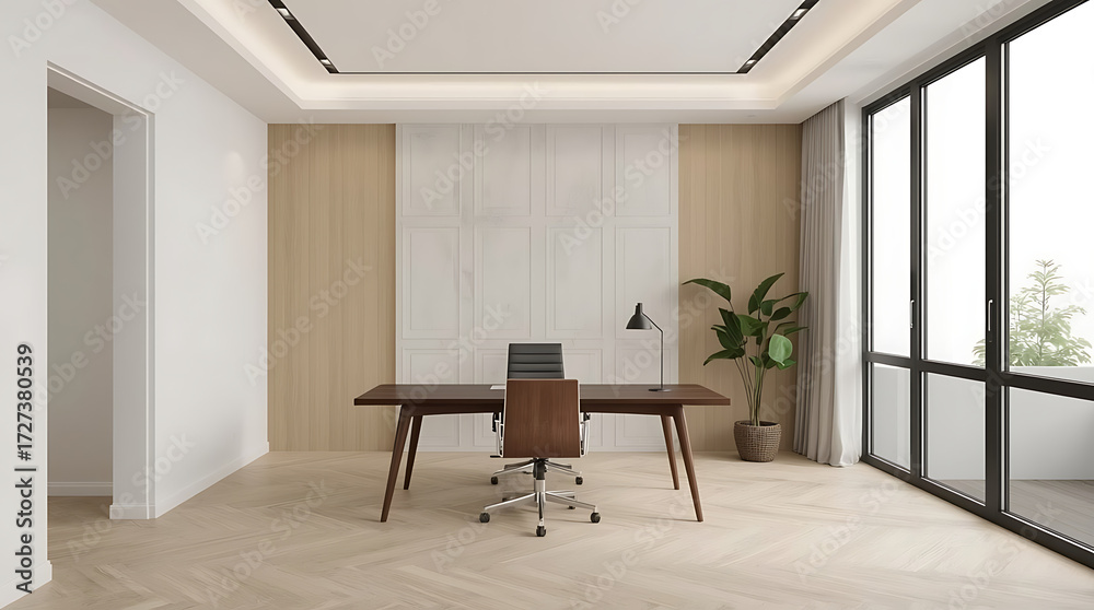 Fototapeta premium Modern executive office space for collaboration, a stylish chair positioned at a workspace desk, creating a conducive environment for productivity