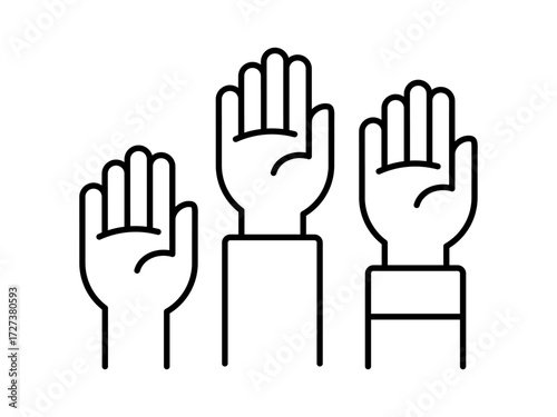 Three raised hands line icon. Volunteering, voting, participation and community support. Democracy, unity, collaboration and public initiatives. Social involvement and charity. Vector illustration.  