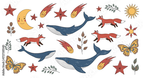 Whimsical collection of celestial and woodland creatures with botanical accents.