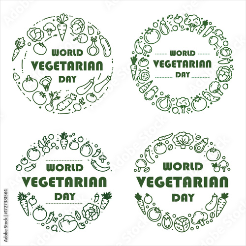 Simple and modern World Vegetarian Day logo, surrounded by a circular arrangement of various vegetables and fruits in clean line art style.Perfect for promoting vegetarianism