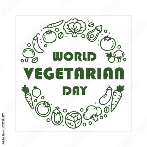 Simple and modern World Vegetarian Day logo, surrounded by a circular arrangement of various vegetables and fruits in clean line art style.Perfect for promoting vegetarianism