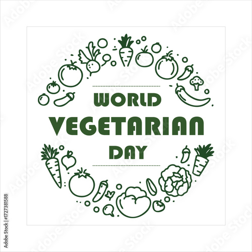 Simple and modern World Vegetarian Day logo, surrounded by a circular arrangement of various vegetables and fruits in clean line art style.Perfect for promoting vegetarianism