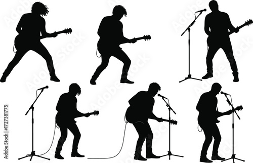 Silhouette rock guitarists performing live concert with microphones, energetic music band illustration, electric guitar players singing, dynamic stage performance vector art