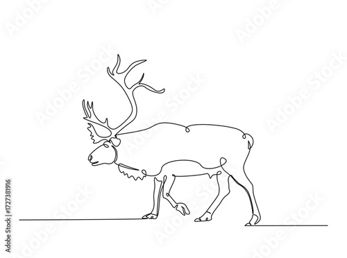 Reindeer in single outline illustration. Continuous line art drawing of wild reindeer. Editable stroke.
