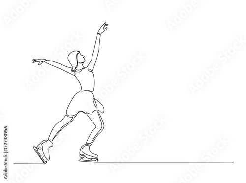 Figure ice skating in single outline illustration. Continuous line art drawing of ice skating dancer. Editable stroke.
