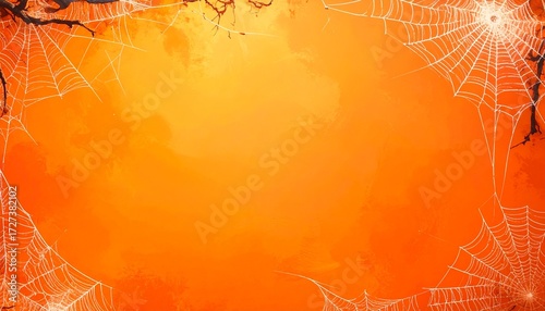 Orange gradient background with subtle spiderwebs on the corners, central blank area