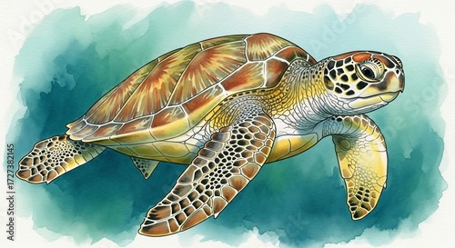 Elegant Watercolor Sea Turtle Illustration A Study in Aquatic Beauty and Graceful Ocean Life, Painting with Light and Shadow