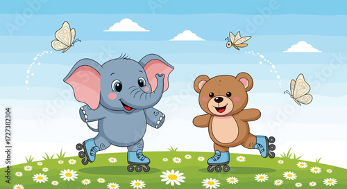 Cute elephant and bear friends enjoying rollerblading outdoors with butterflies dancing around them on a sunny spring day.