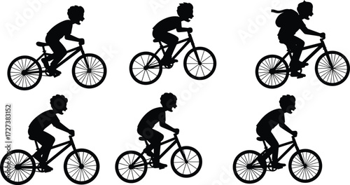 Silhouette sequence of cyclist performing jump maneuver with motion lines, dynamic movement, sports action, speed, and athletic energy illustration