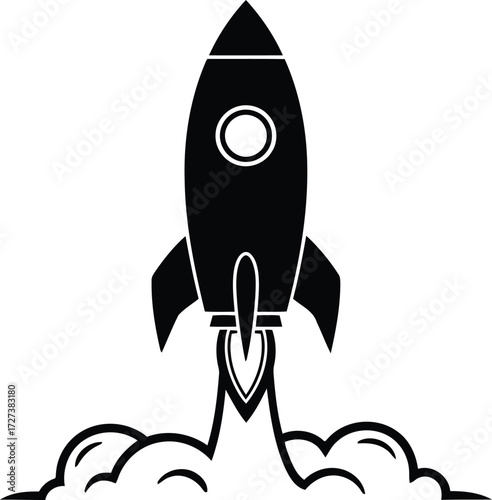 Retro rocket launching upward through smoke clouds vector