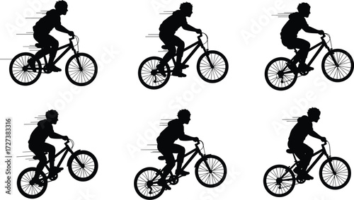 Silhouette sequence of cyclist performing jump maneuver with motion lines, dynamic movement, sports action, speed, and athletic energy illustration