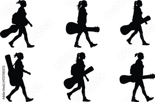 Silhouette sequence of woman walking with guitar case and backpack, ponytail hairstyle, casual clothing, motion study, vector illustration design