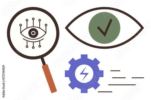 Magnifying glass inspecting eye with digital nodes, an eye with a green checkmark, and gear with a bolt. Ideal for technology, AI, cybersecurity, validation, automation, innovation productivity