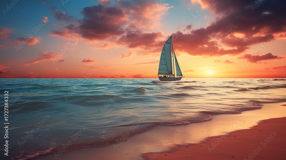 Fototapeta premium A photo of a serene beach sunset with a sailboat