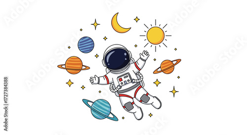 Cute astronaut floating in outer space surrounded by planets stars and the moon.