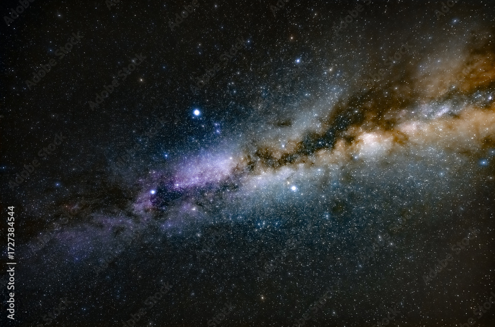 Fototapeta premium Milky way stars and constellations with a galaxy background photographed from a dark countryside location.