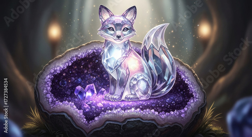 A crystal fox figurine that seems to glow from within, sitting on a geode, surrounded by shimmering dust particles, fantasy art, trending on ArtStation