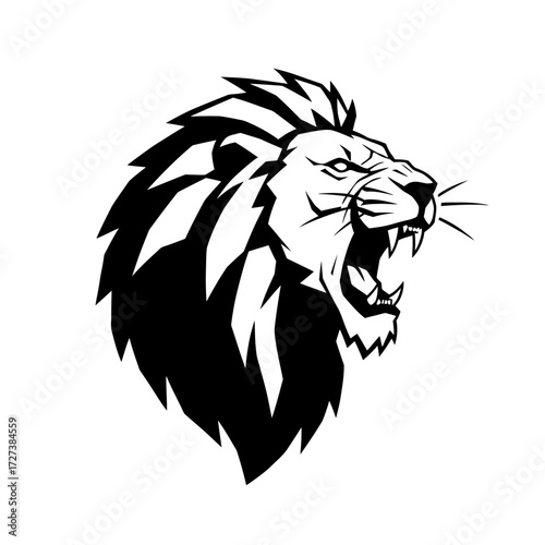 A powerful black and white graphic illustration of a roaring lion's head in profile, showing sharp teeth and a full mane.