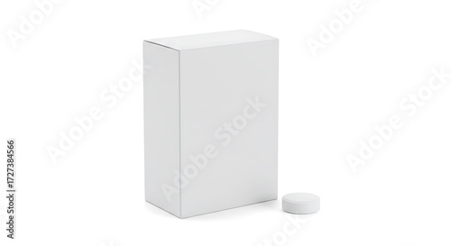 Isolated shot of a white pill next to a white box on a white surface in a studio setting for advertising