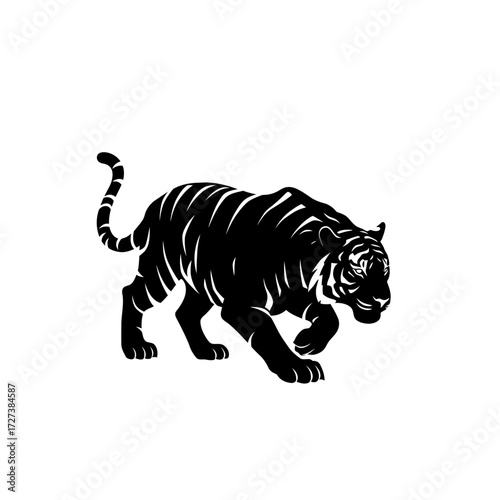 A striking black and white illustration of a tiger in motion, showcasing its powerful build and distinctive stripes.