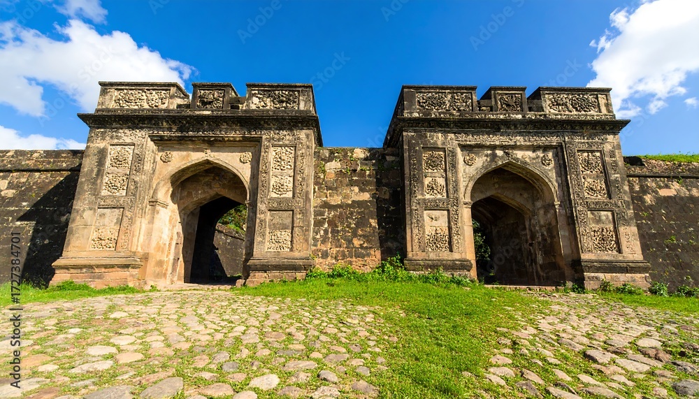 Fototapeta premium Two arched gateways stand majestically, embedded in a stone wall, under a vibrant blue sky