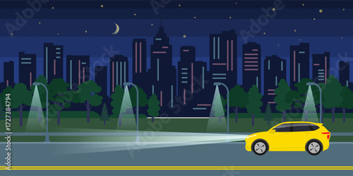 yellow suv car headlights beam night city road vector illustration