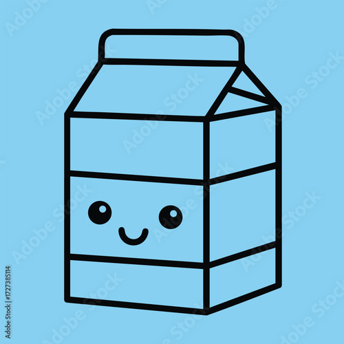A cheerful cartoon milk carton with a smiling face on a vibrant blue , perfect for playful designs.