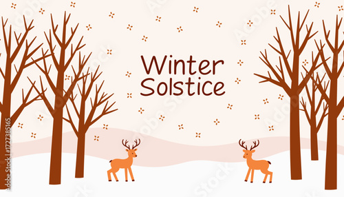 Stylized winter trees and deer in snowy landscape, winter solstice
