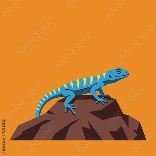 A vibrant blue lizard with yellow stripes rests peacefully on a brown rock against a solid orange background.