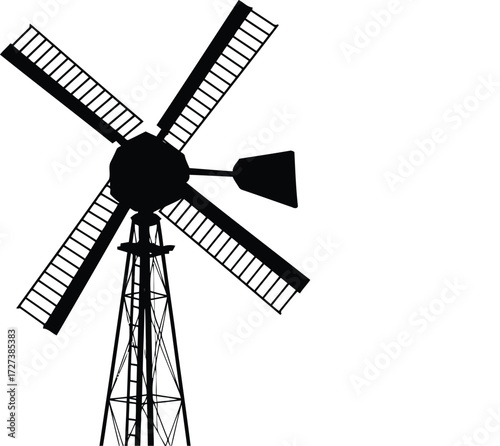 Silhouette of traditional windmill turning blades agricultural landscape icon vector