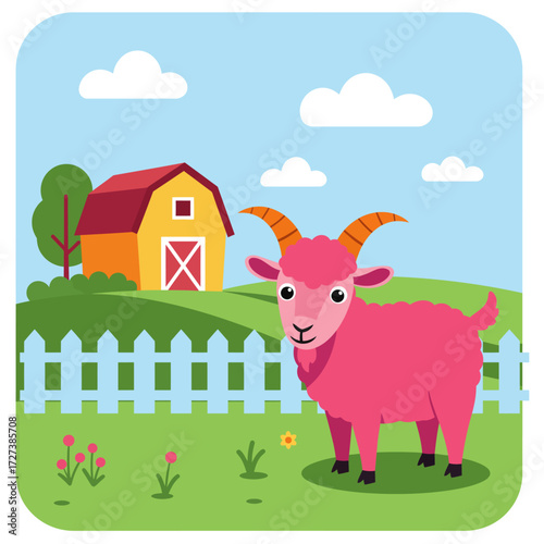 A whimsical cartoon illustration of a pink ram standing in a green pasture on a farm with a red barn and white picket fence.