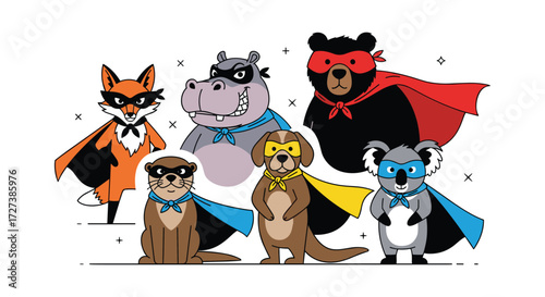 A collection of cute cartoon animals dressed as superheroes ready for adventure.
