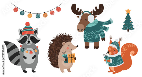 Cute cartoon woodland animals celebrating winter holidays together wearing festive attire.