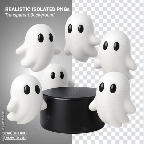 Cute Halloween Ghosts Around Black Pedestal 3D Cartoon Transparent PNG file ready to be used.