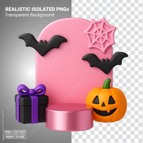 Pink Halloween podium scene with pumpkin bats gift box and pedestal Transparent PNG file ready to be used.