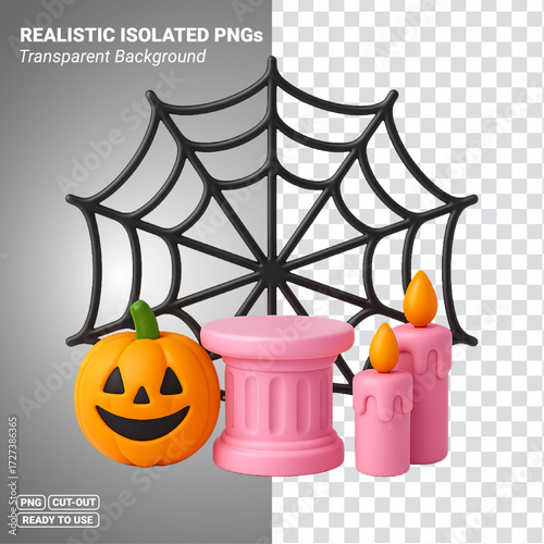 Halloween pumpkin spider web candles podium 3D illustration Transparent PNG file ready to be used.