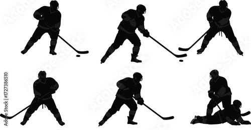 Silhouette vector illustration of ice hockey players in dynamic action poses with sticks and puck, perfect for sports design projects