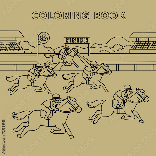 A dynamic scene of horse racing with jockeys competing towards the finish line in a lively sporting event setting.
