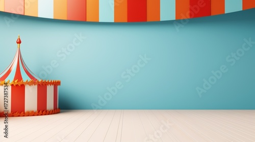 Colorful Circus Tent with Blue Wall and Striped Banner in Indoor Setting