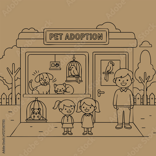 A cheerful pet adoption center featuring children, various animals, and a welcoming atmosphere for families.