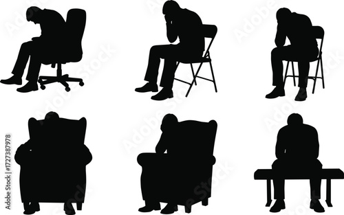 Silhouette vector illustration of stressed people sitting in different poses, symbolizing depression, anxiety, sadness, mental health, loneliness, emotional struggle, contemplation