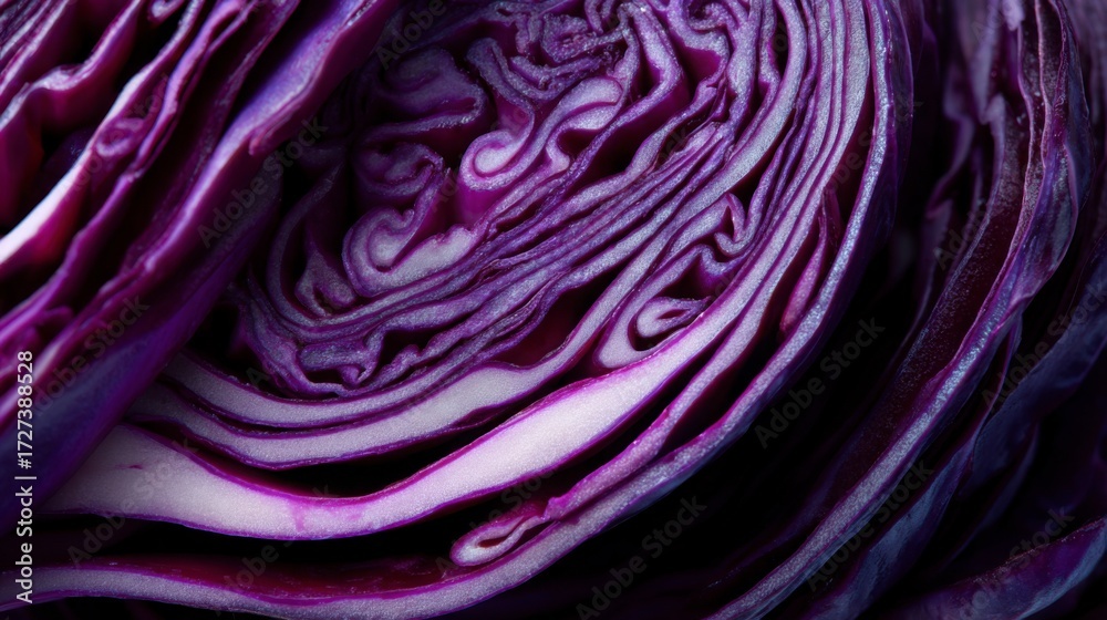 Obraz premium Red cabbage sliced to show vibrant purple layers
